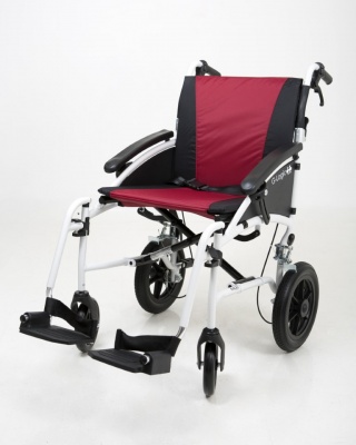 Excel G-Logic Lightweight Transit Wheelchair 16'' White Frame and Red Upholstery Slim Seat